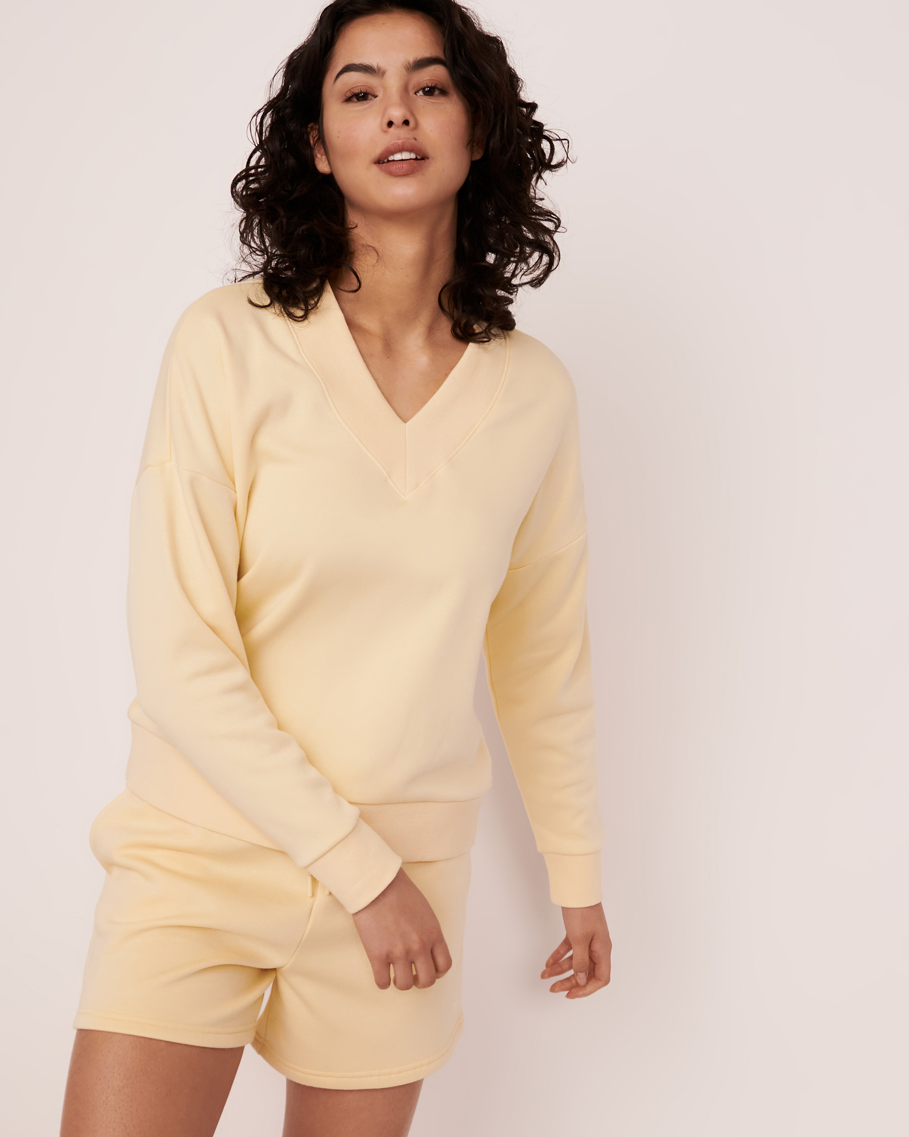 LA VIE EN ROSE Fleece Varsity Neckline Long Sleeve Shirt Apricot 50100035 - View3
