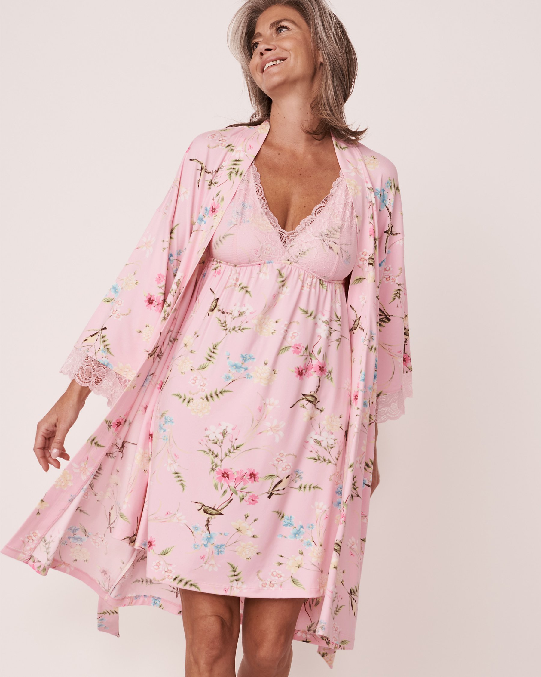 LA VIE EN ROSE Kimono ultra doux garniture de dentelle Oiseau botanique 40600077 - Voir3