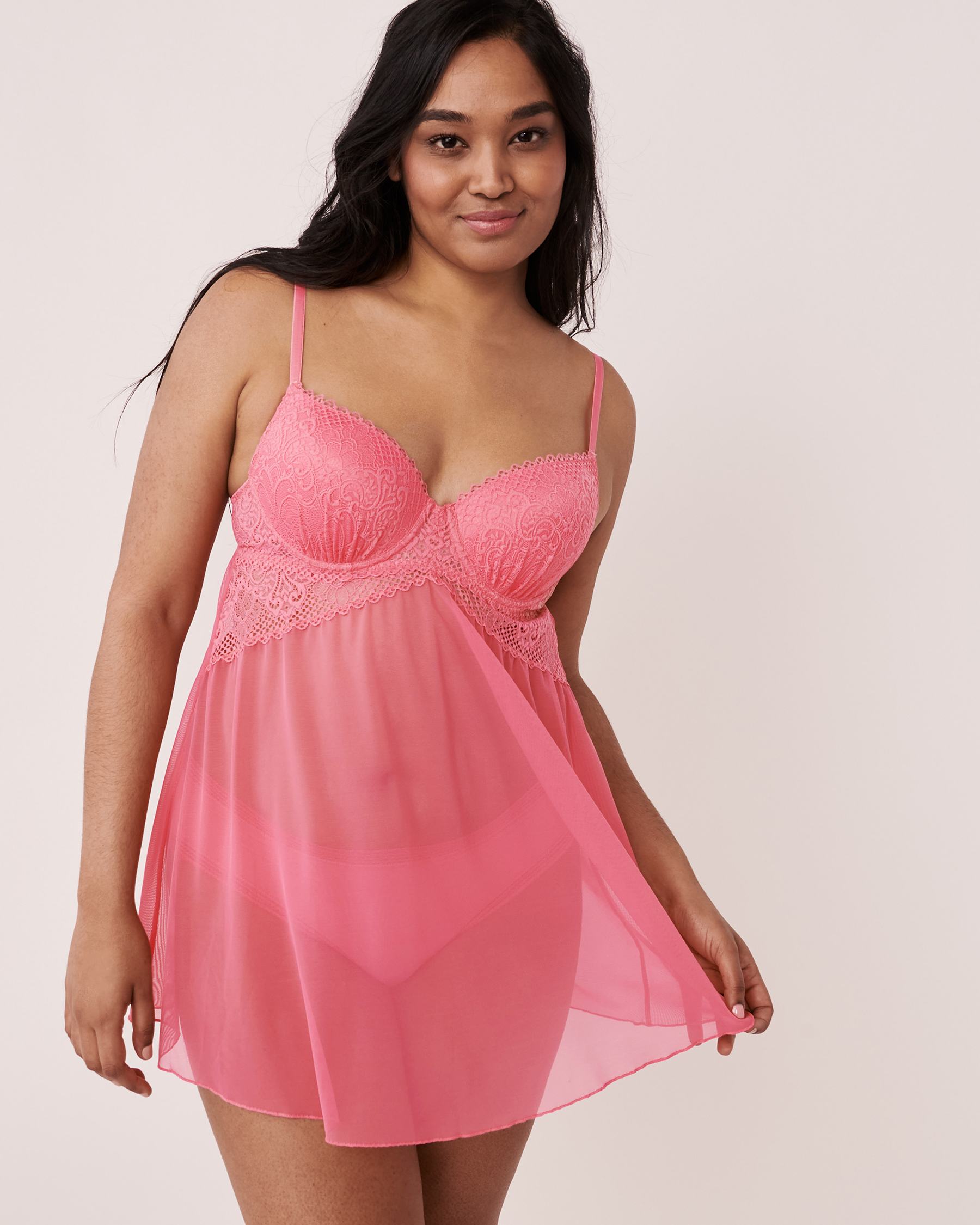 LA VIE EN ROSE Lace and Mesh Push-up Babydoll Candy pink 60500051 - View1