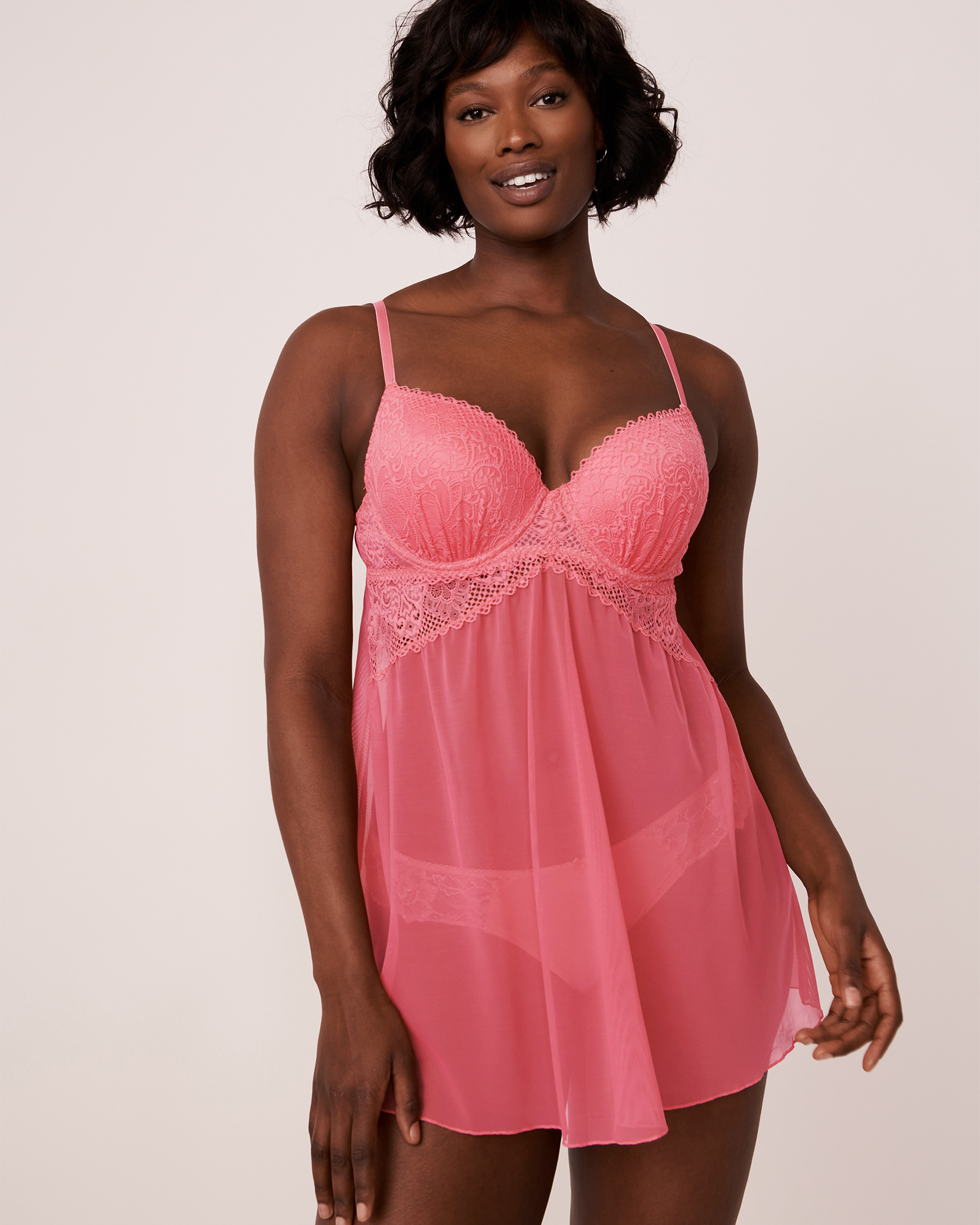 LA VIE EN ROSE Lace and Mesh Push-up Babydoll Candy pink 60500051 - View4