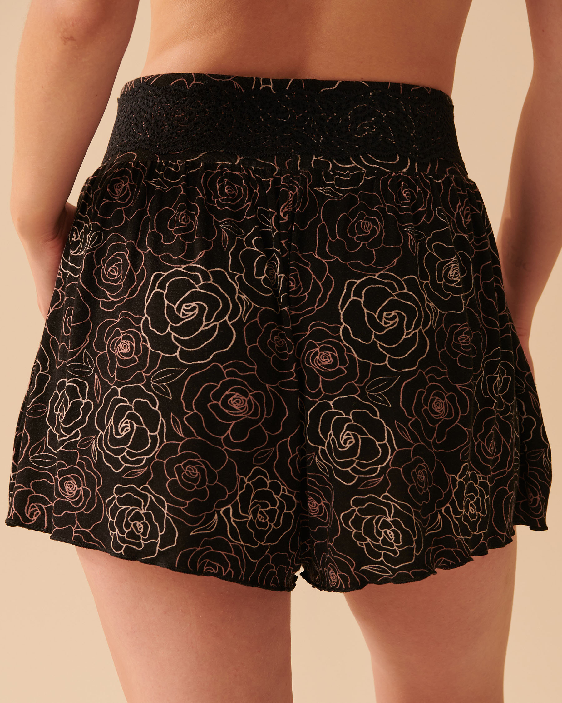 Soft Jersey Lace Details Shorts - Dark roses | la Vie en Rose