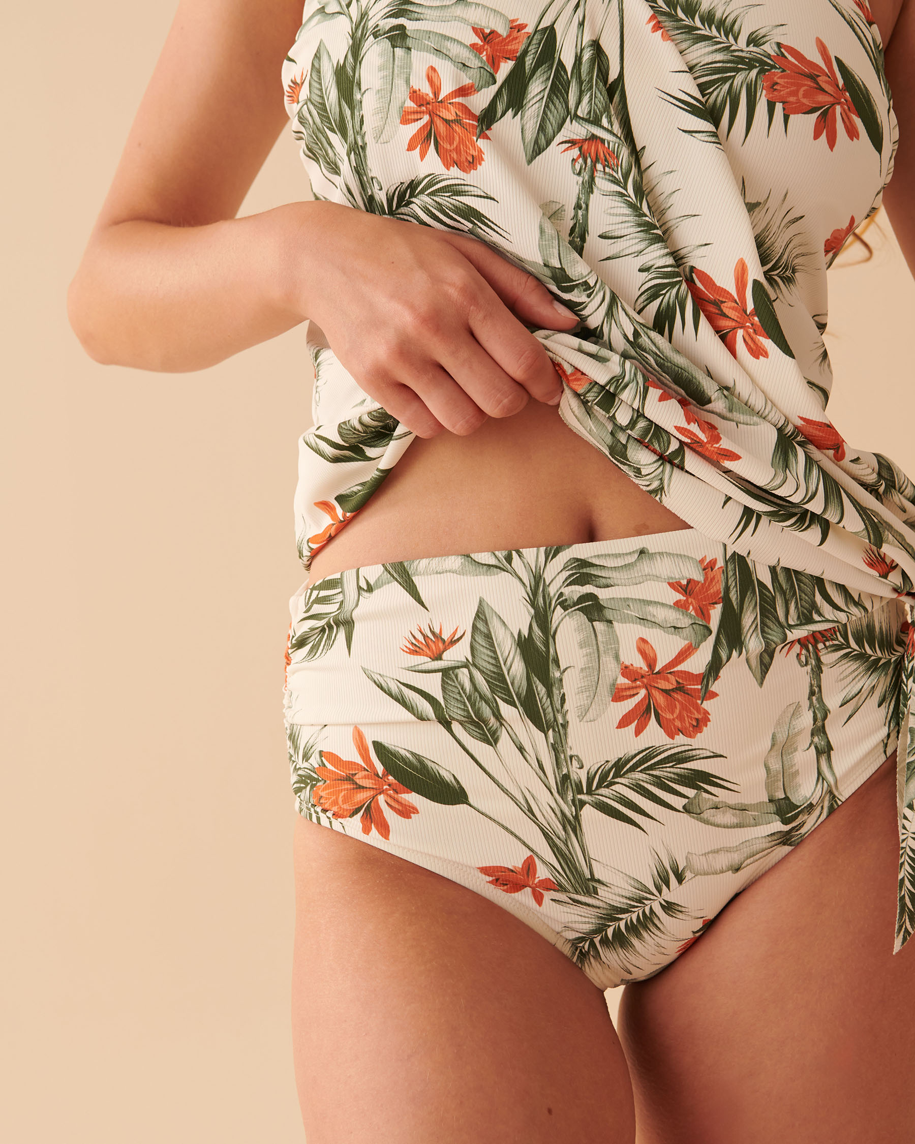 Floral Line Print Handerchief Hem Front Lined Tankini Top, Bikinis &  Tankinis