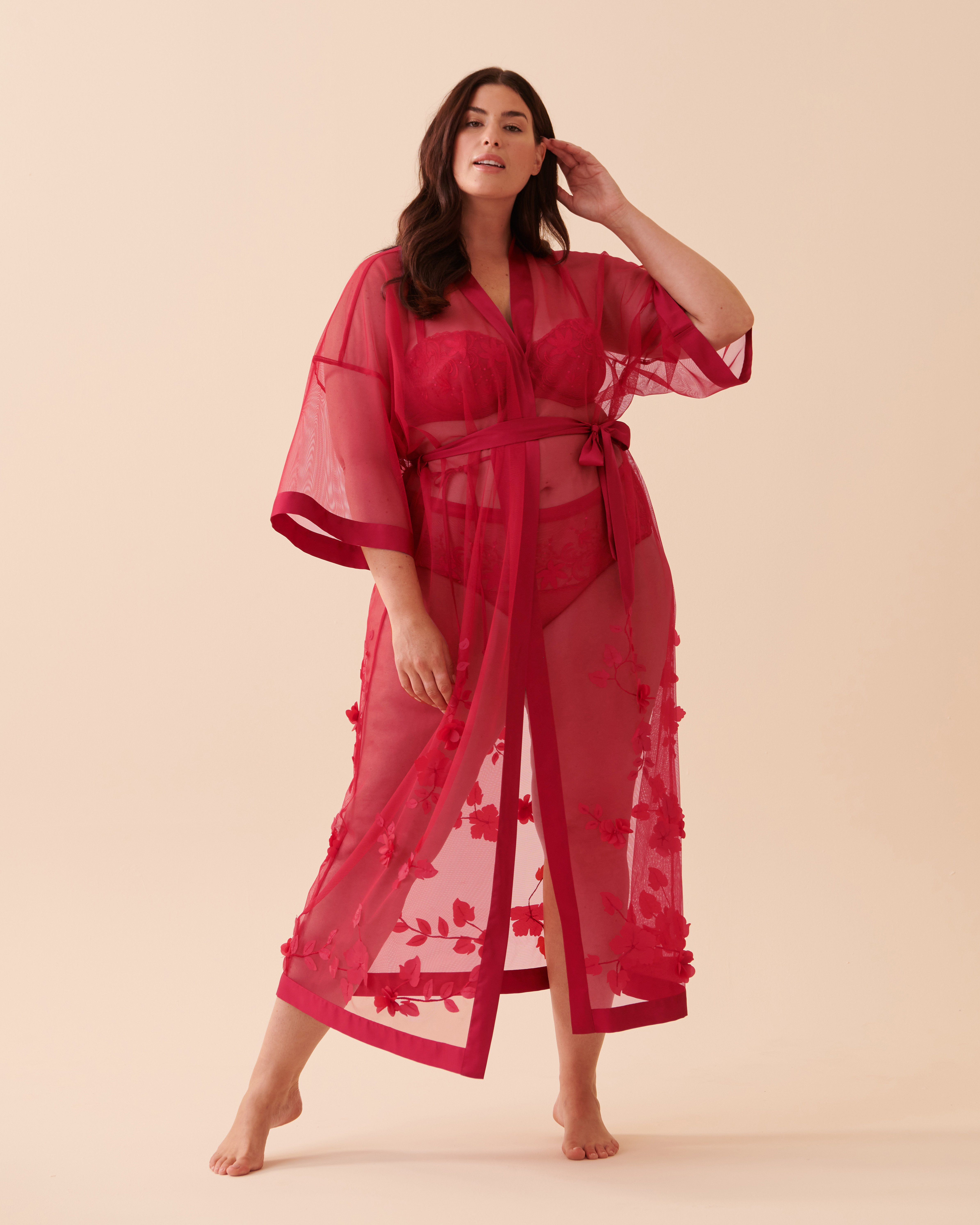 LA VIE EN ROSE Long Sheer Mesh Floral Kimono Jingle Red 60600062 - View2
