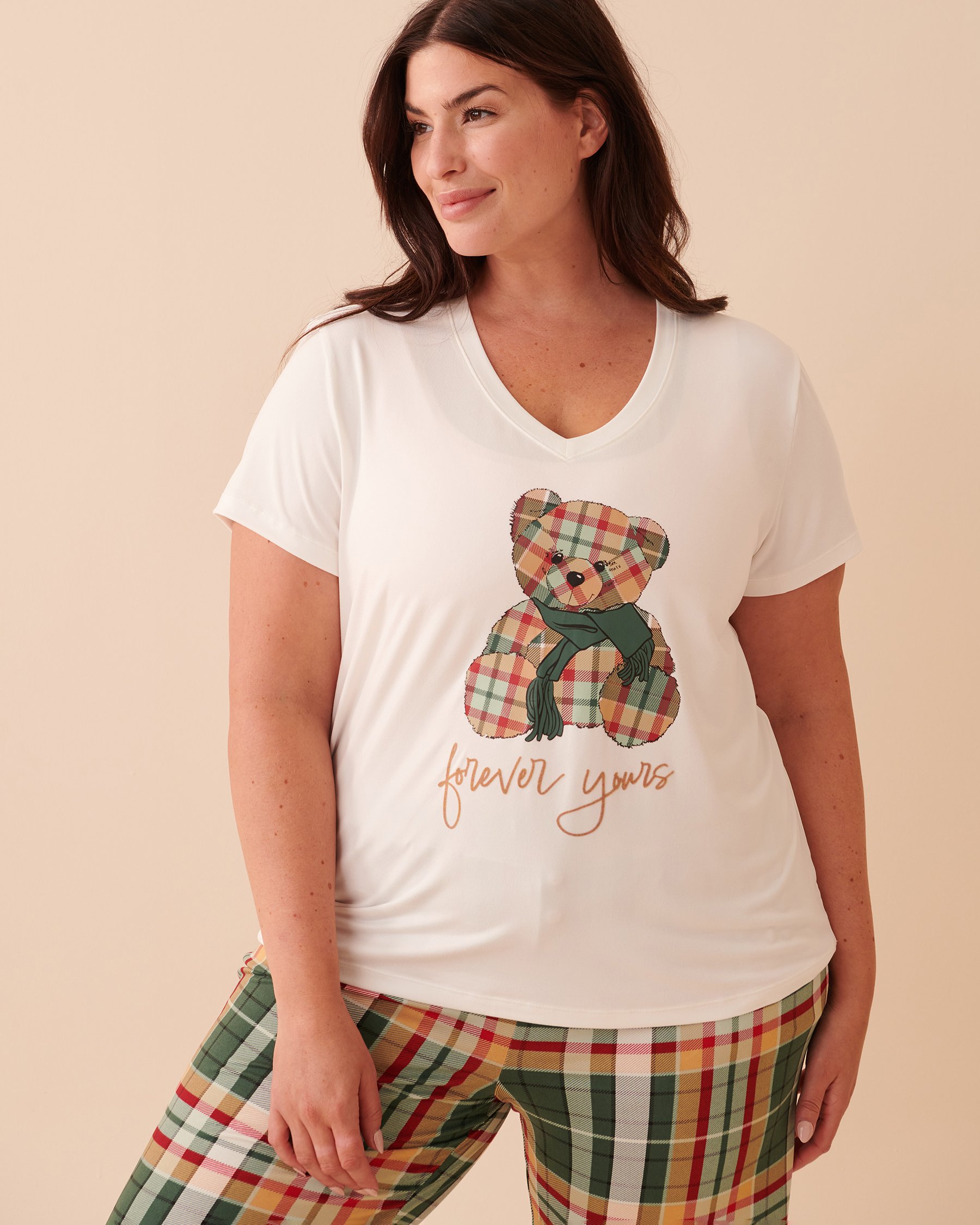 LA VIE EN ROSE Teddy Bear Super Soft V-neck T-shirt Snow White 40100521 - View3