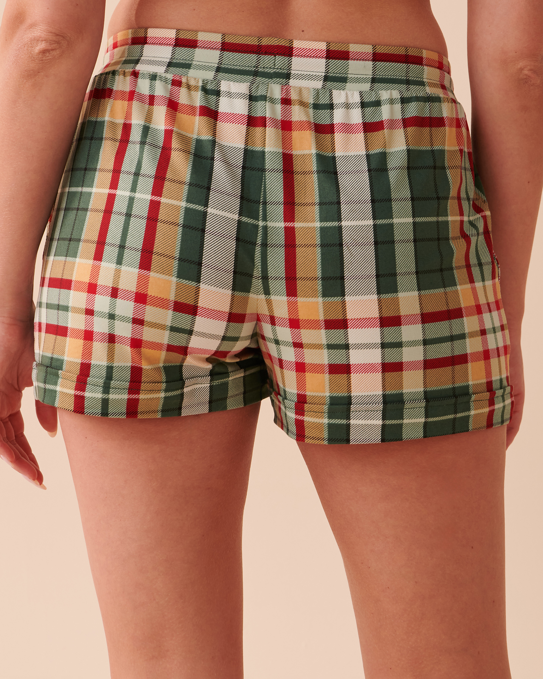 LA VIE EN ROSE Super Soft Plaid Pajama Shorts Green and Caramel Plaid 40200508 - View2