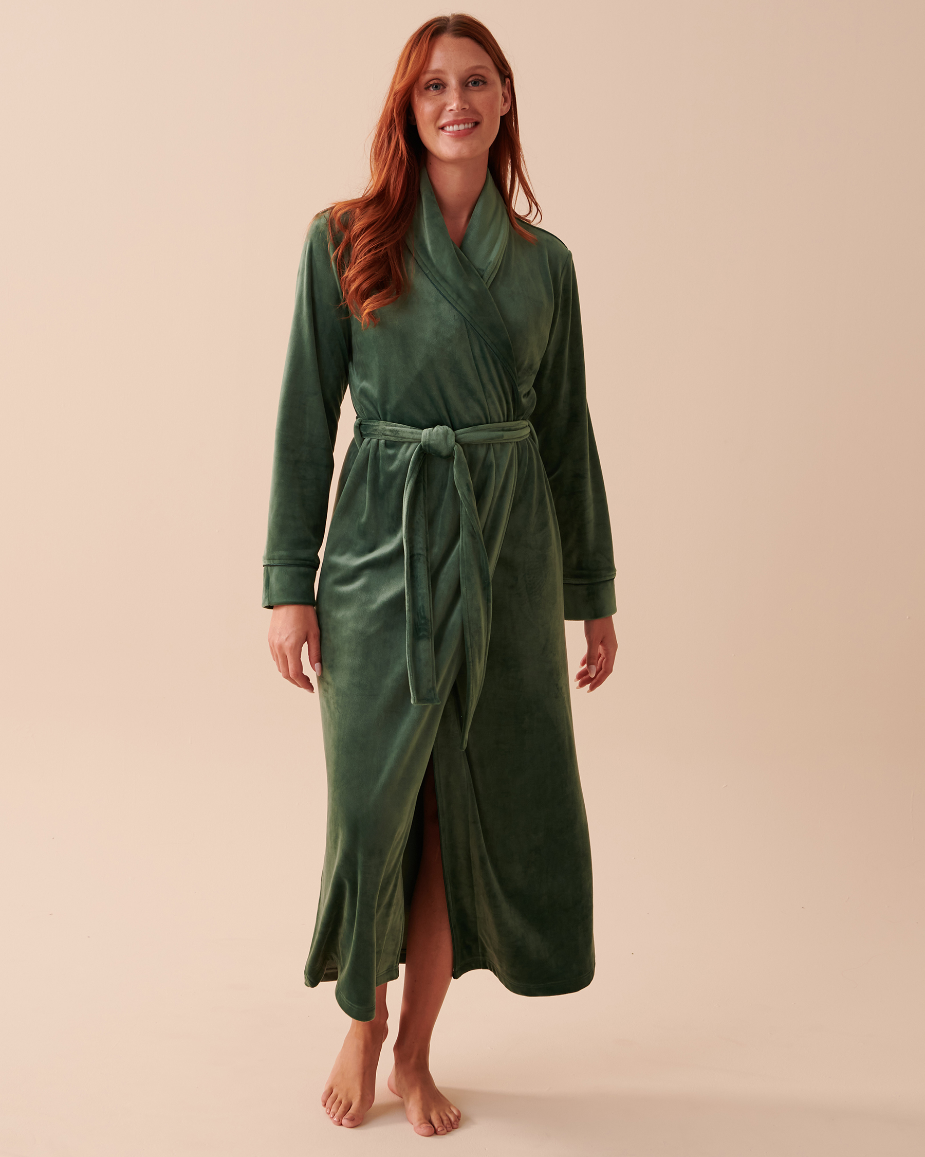 LA VIE EN ROSE Velvety Softness Long Robe Pine Green 40600149 - View1