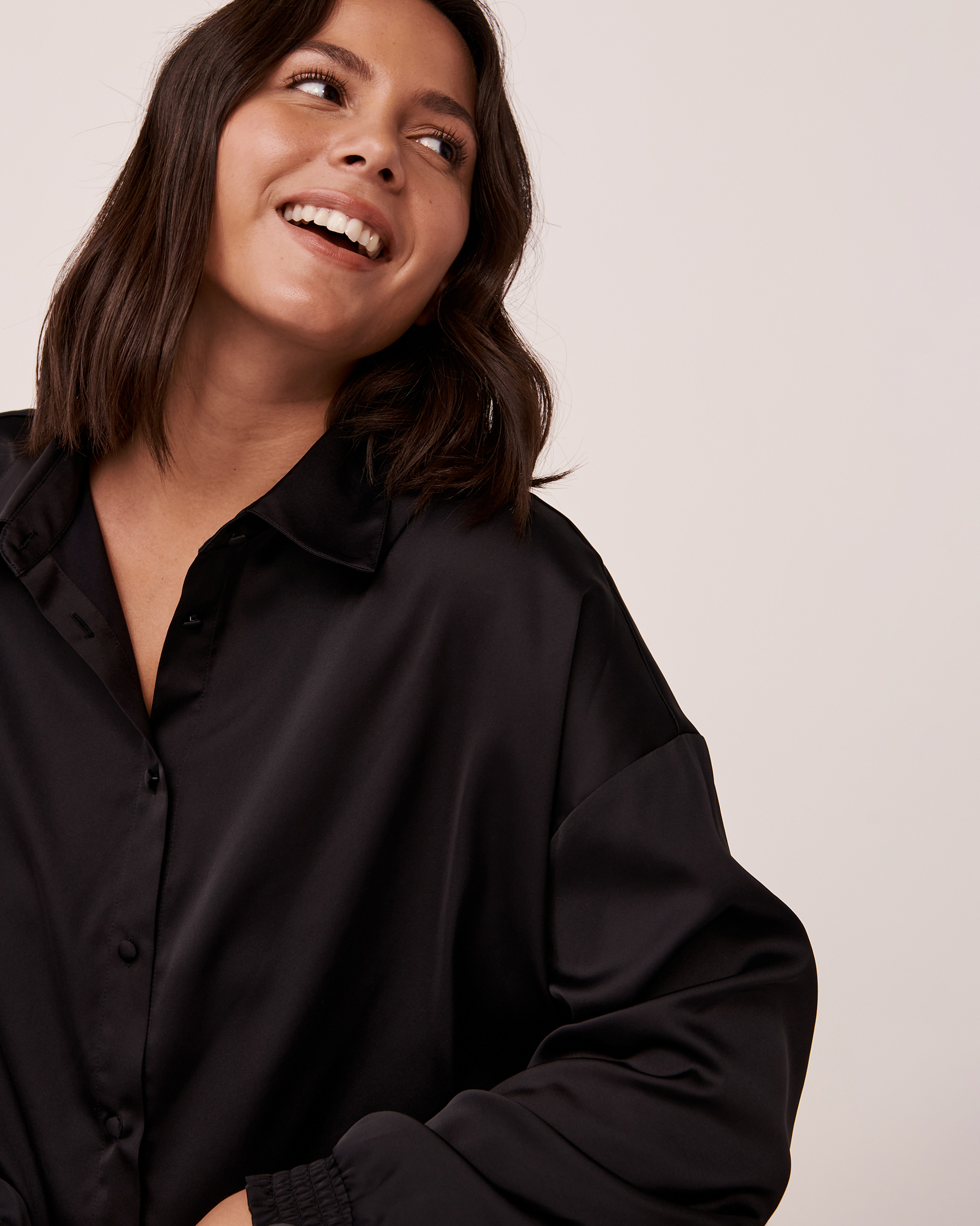 LA VIE EN ROSE Black Satin Long Sleeve Button-down Shirt Black 60100051 - View4