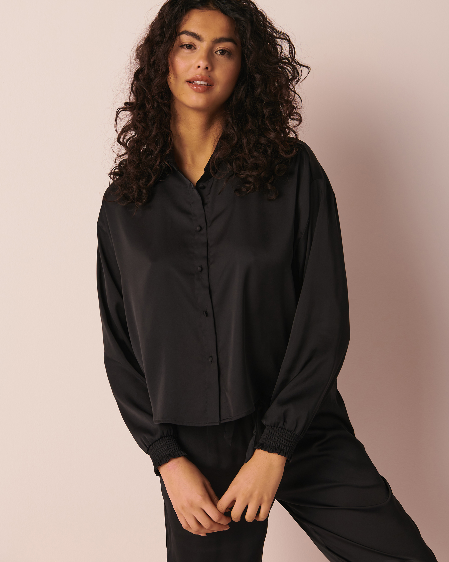 LA VIE EN ROSE Black Satin Long Sleeve Button-down Shirt Black 60100051 - View6