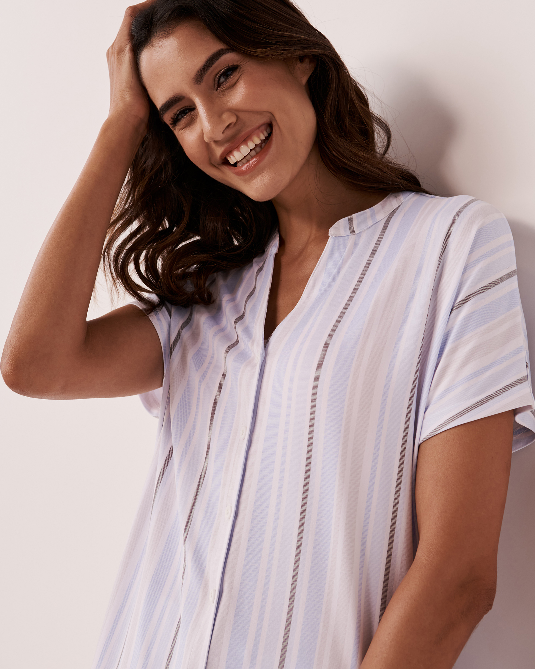 LA VIE EN ROSE Super Soft Short Sleeve Button-down Shirt Multi stripes 40100385 - View3