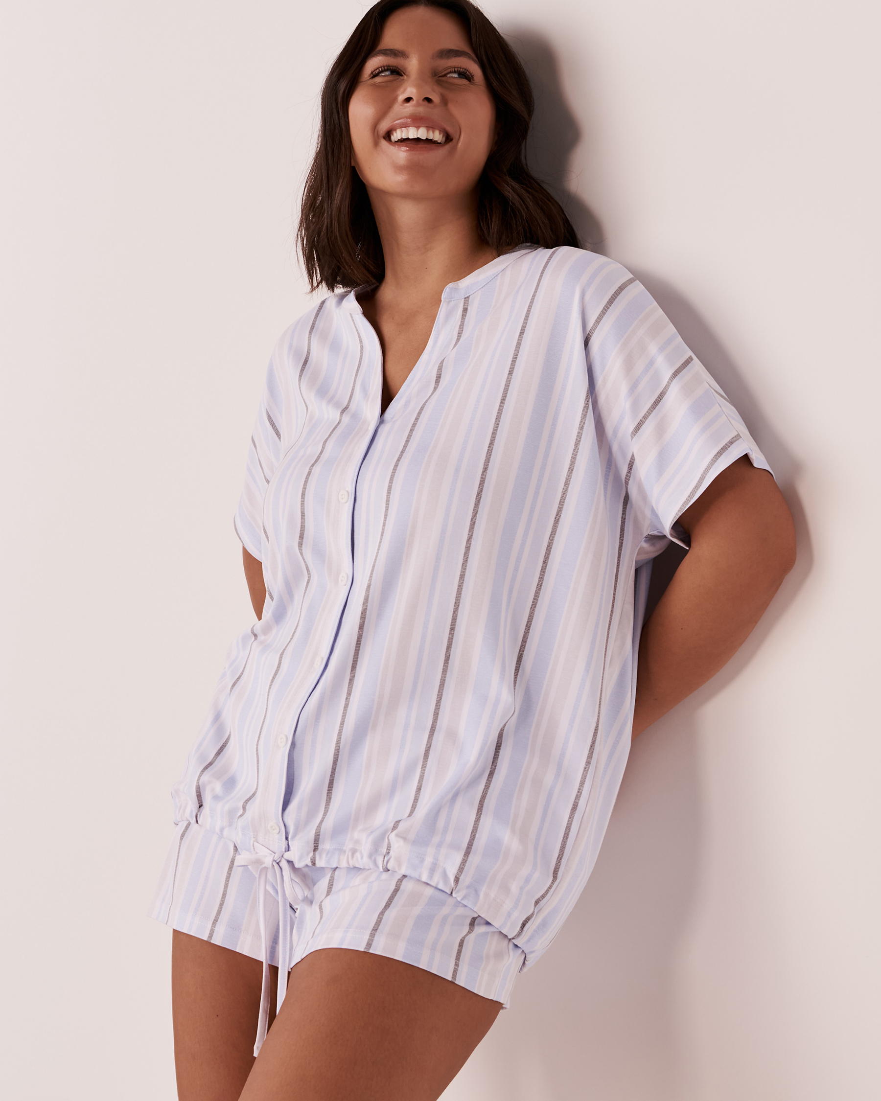 LA VIE EN ROSE Super Soft Short Sleeve Button-down Shirt Multi stripes 40100385 - View4