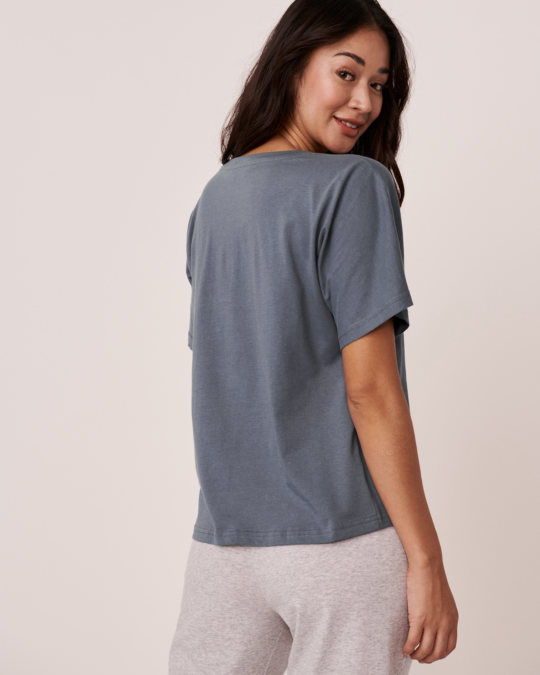 LA VIE EN ROSE T-shirt col en V en coton Bleu glacial 40100404 - Voir3