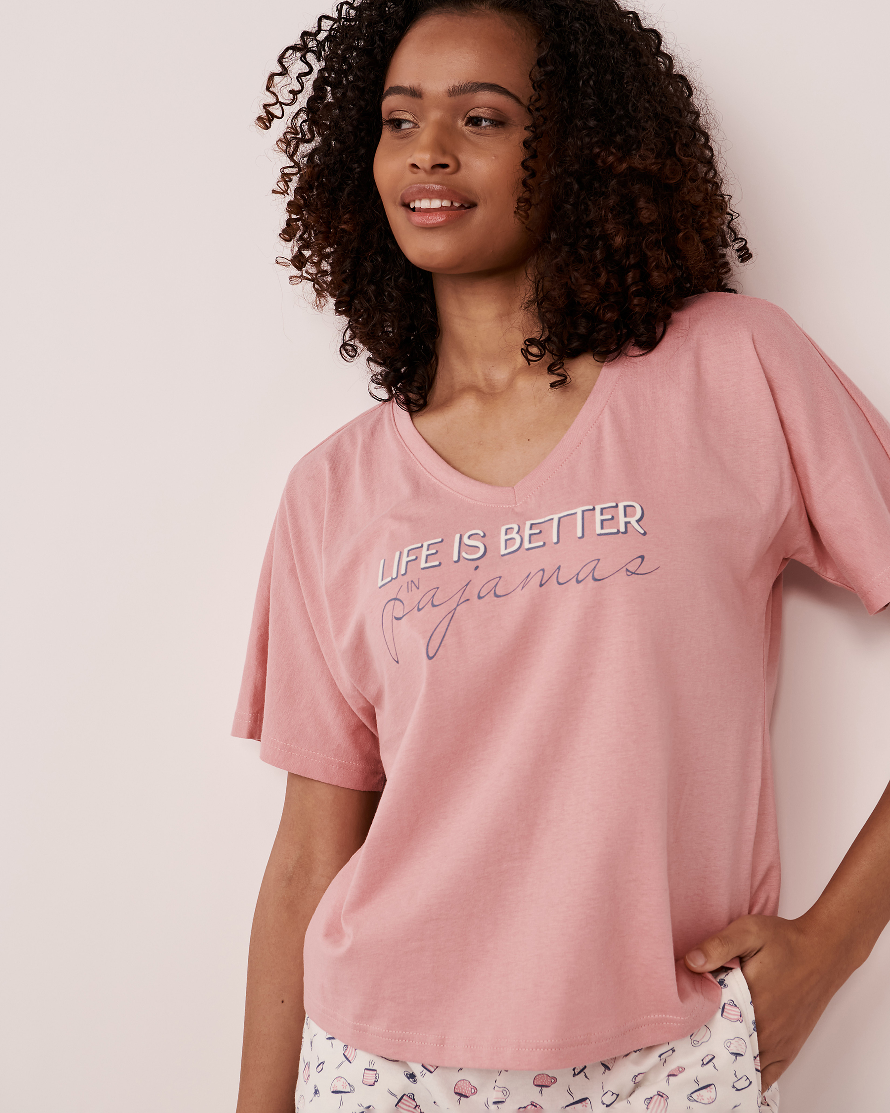 LA VIE EN ROSE T-shirt col en V en coton Vieux rose 40100404 - Voir4