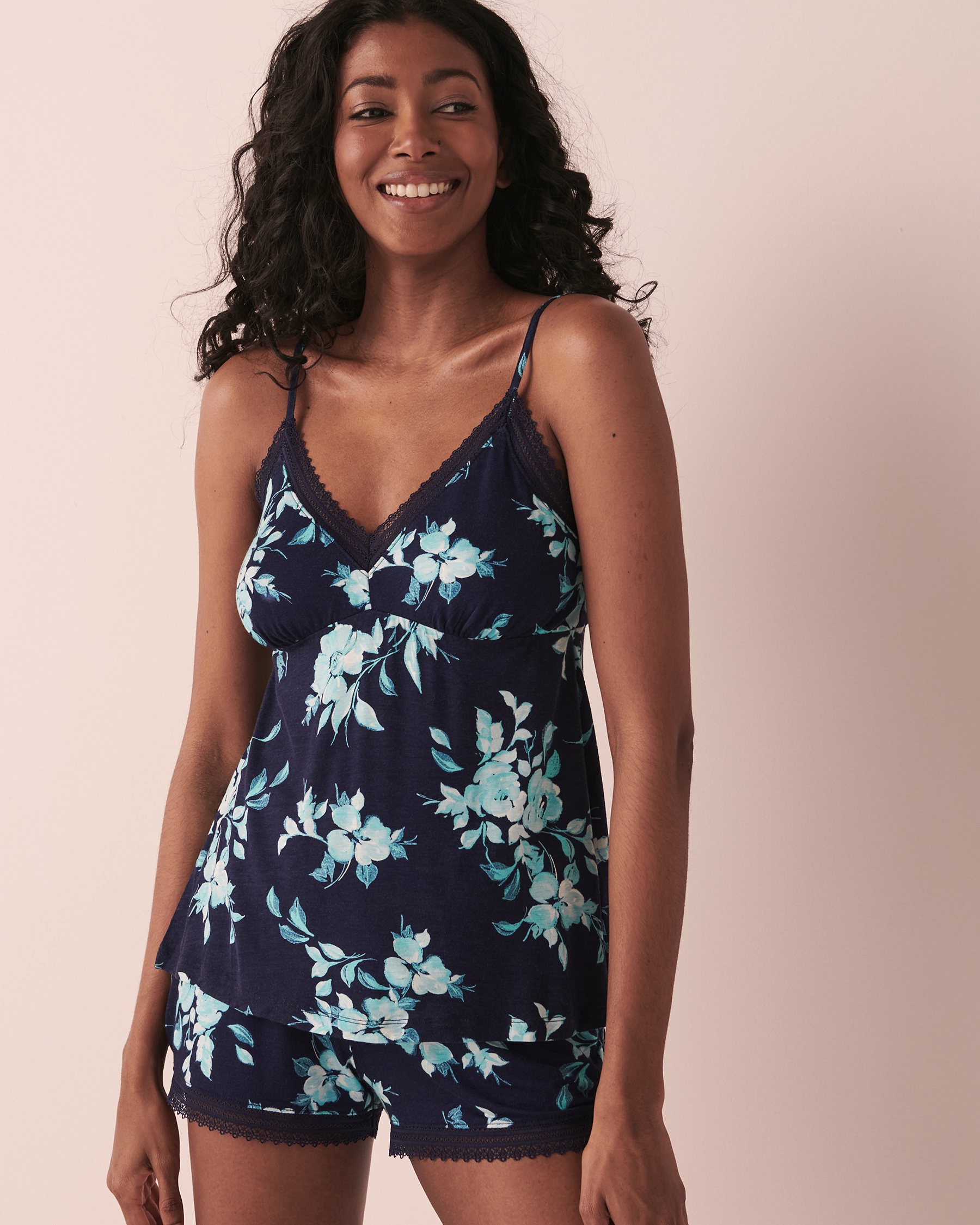 Soft Jersey Lace Trim Cami - Navy floral