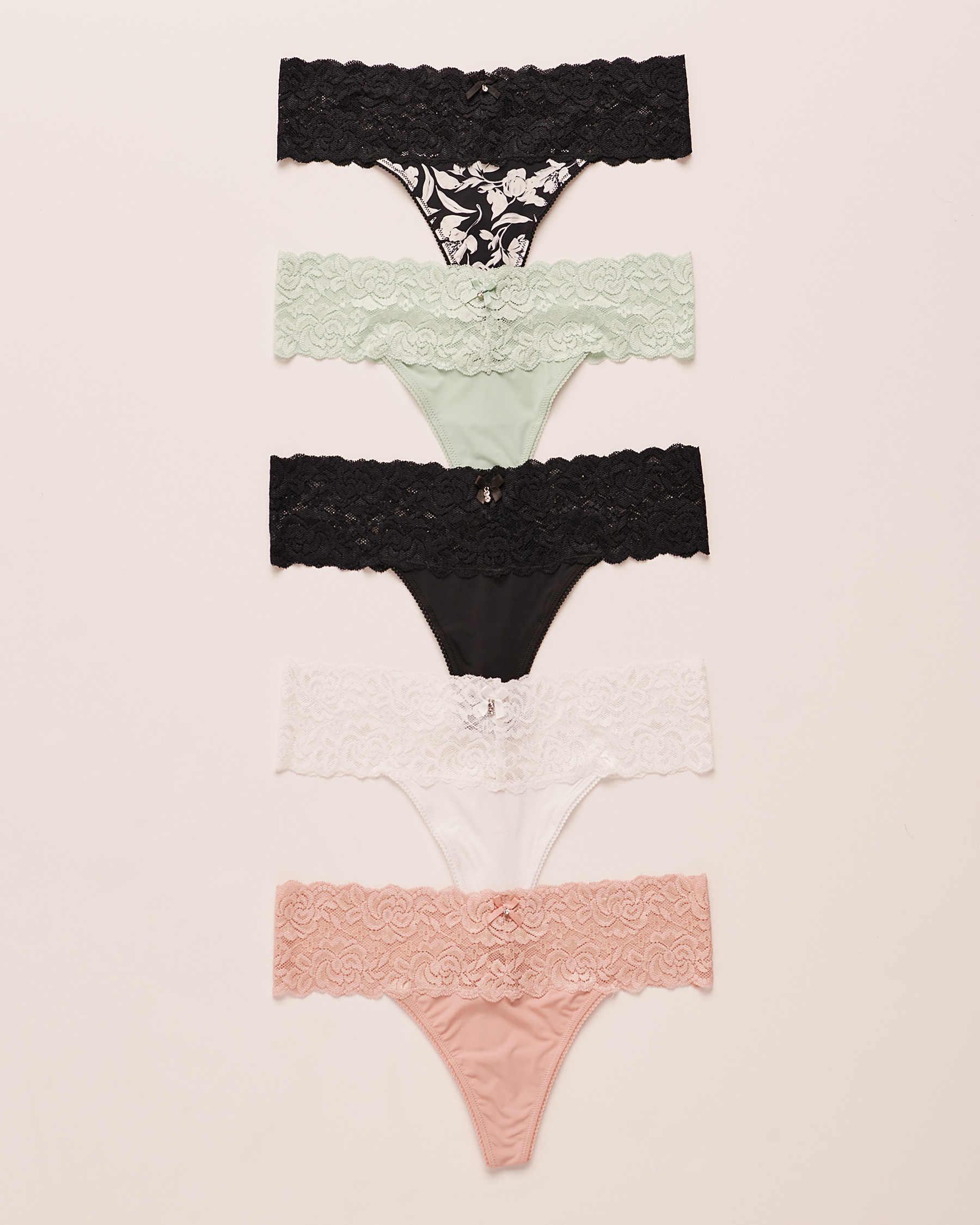 5-Pack Microfiber and Wide Lace Band Thong Panties - Multicolor