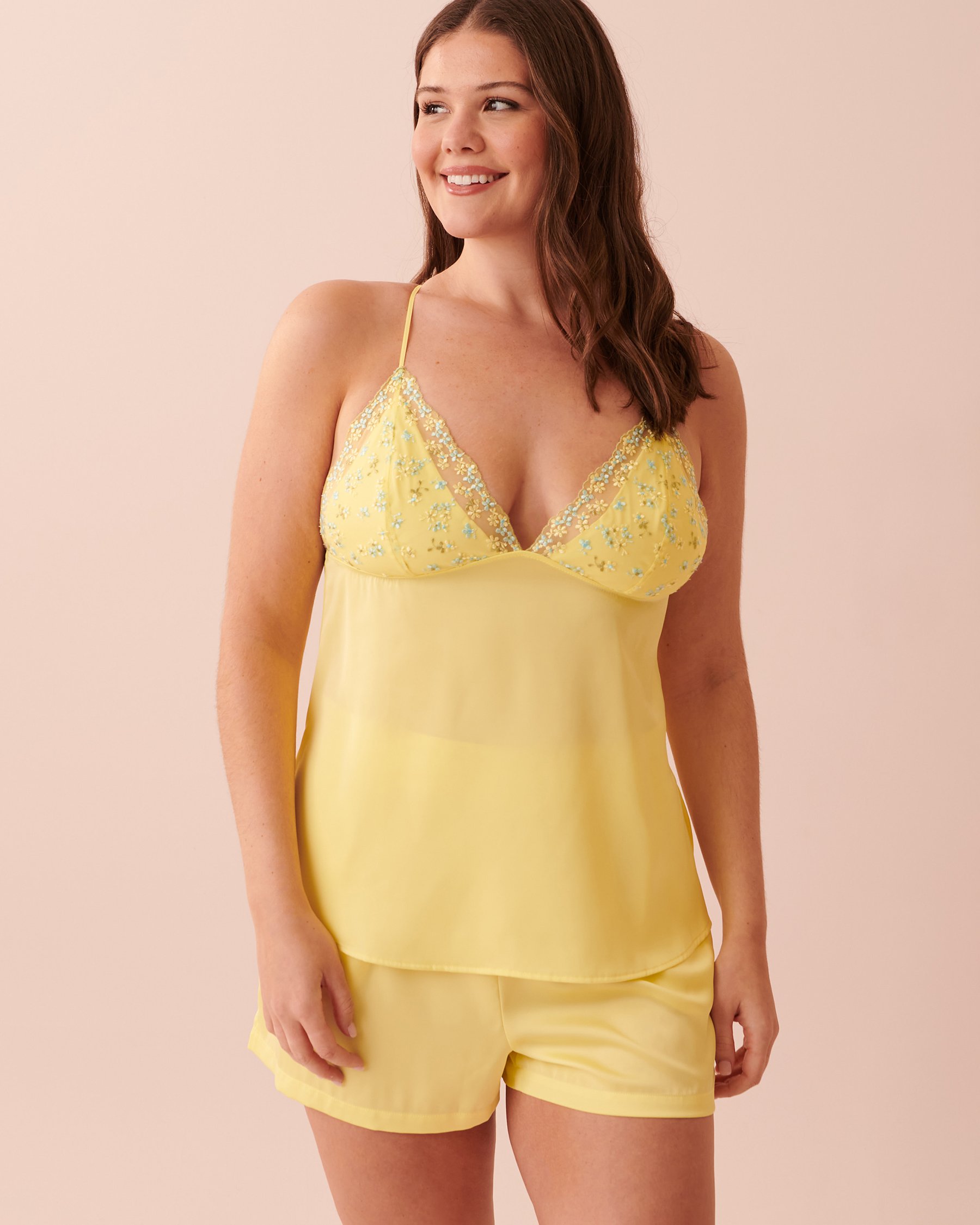 LA VIE EN ROSE Satin Cami with Embroidery Yellow embroidery 60100064 - View1