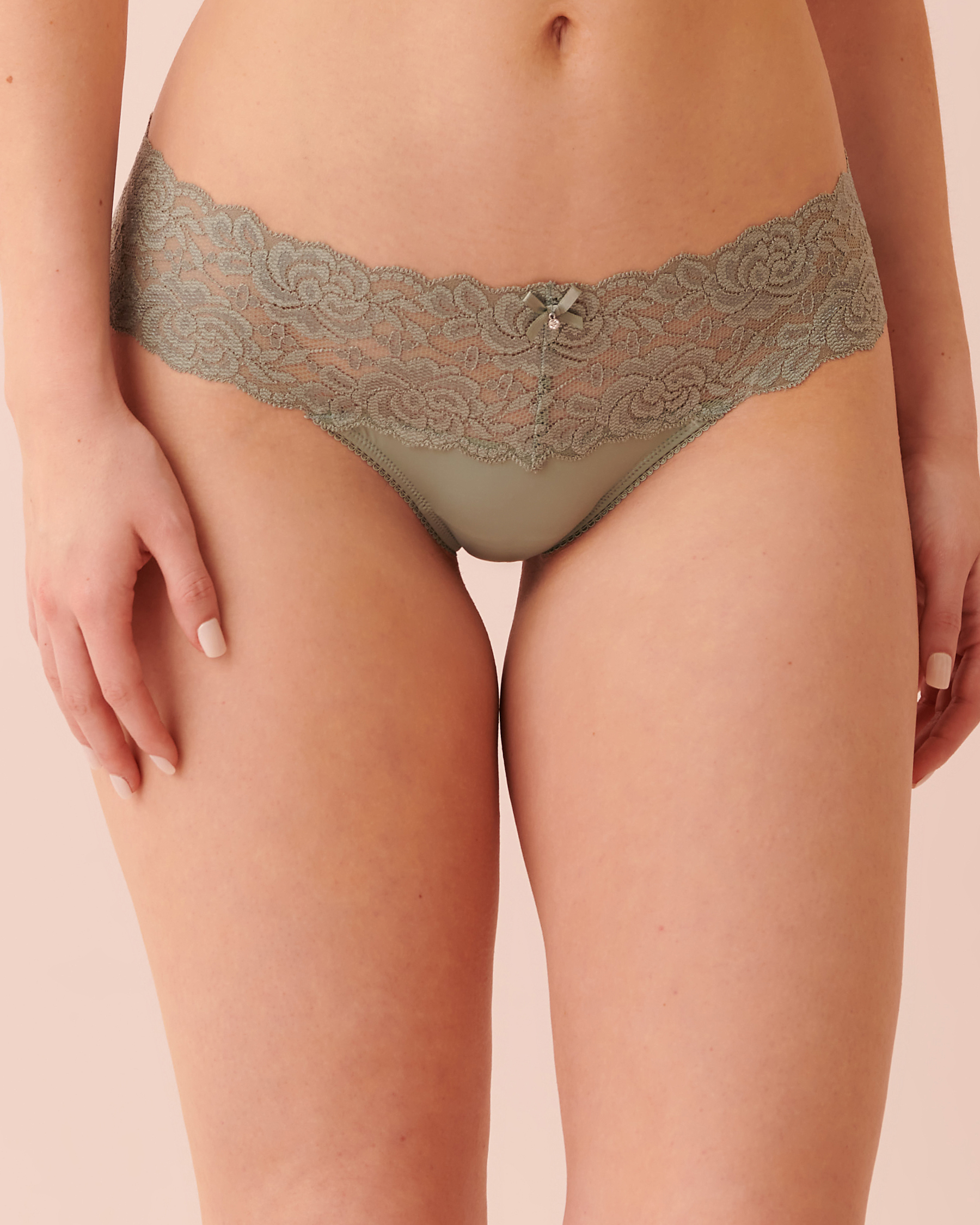 Microfiber and Wide Lace Band Thong Panty - Forest green