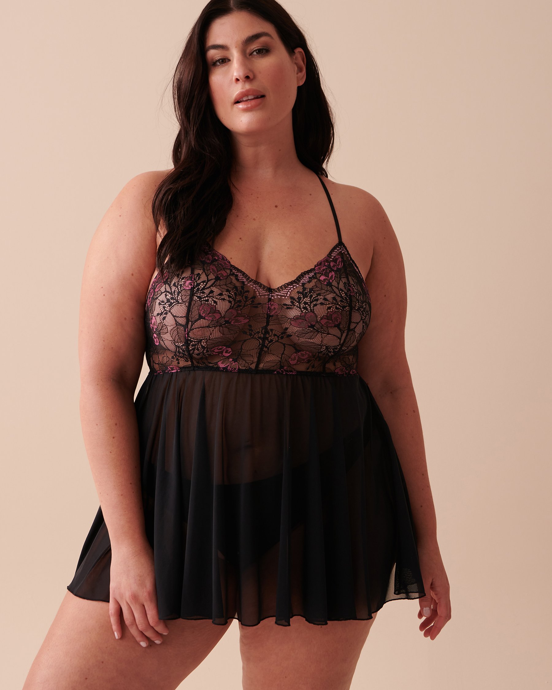 LA VIE EN ROSE Embroidered Lace and Mesh Babydoll Black 60500132 - View6
