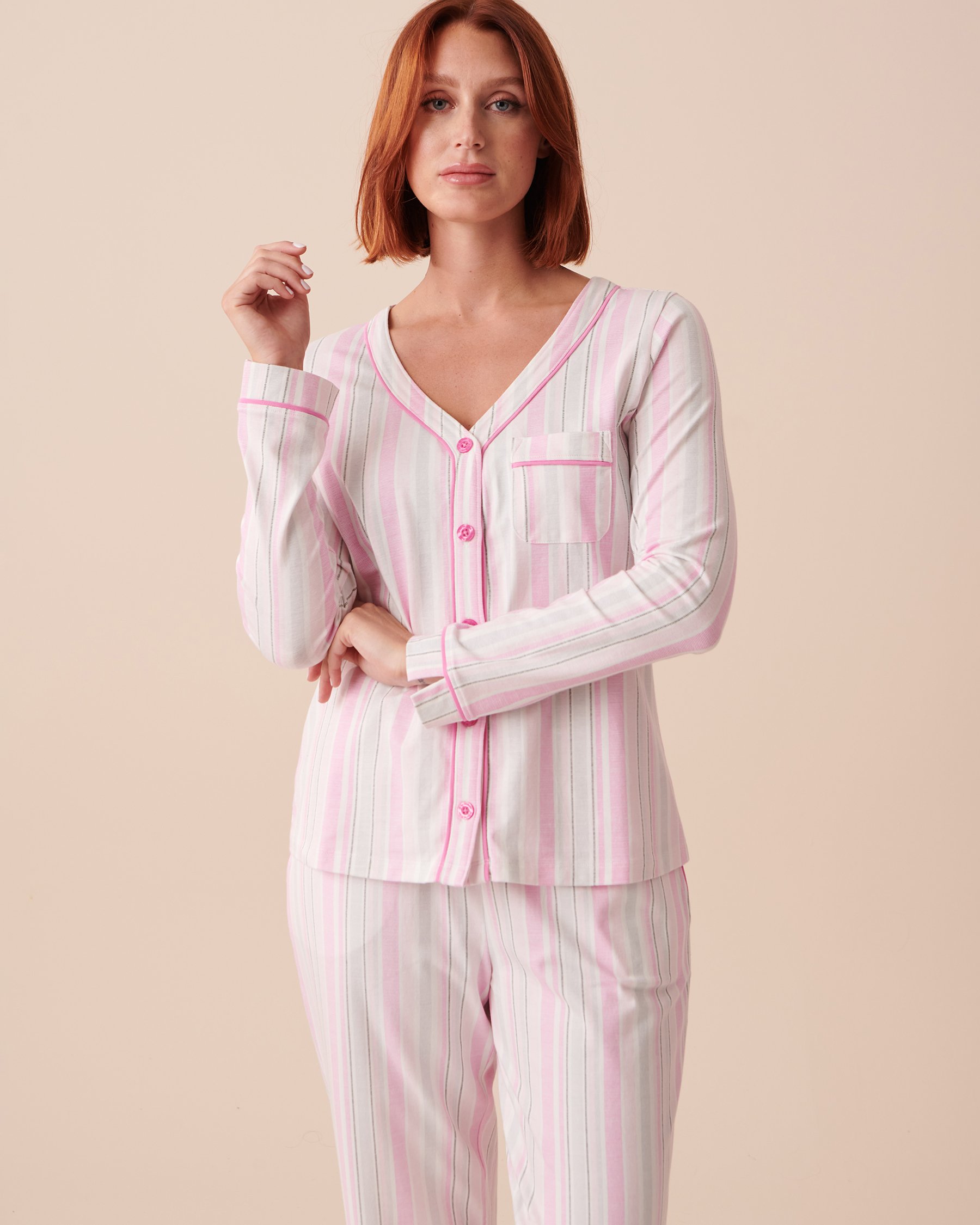 LA VIE EN ROSE Striped Cotton Button-down Shirt Pink Stripes 40100524 - View1