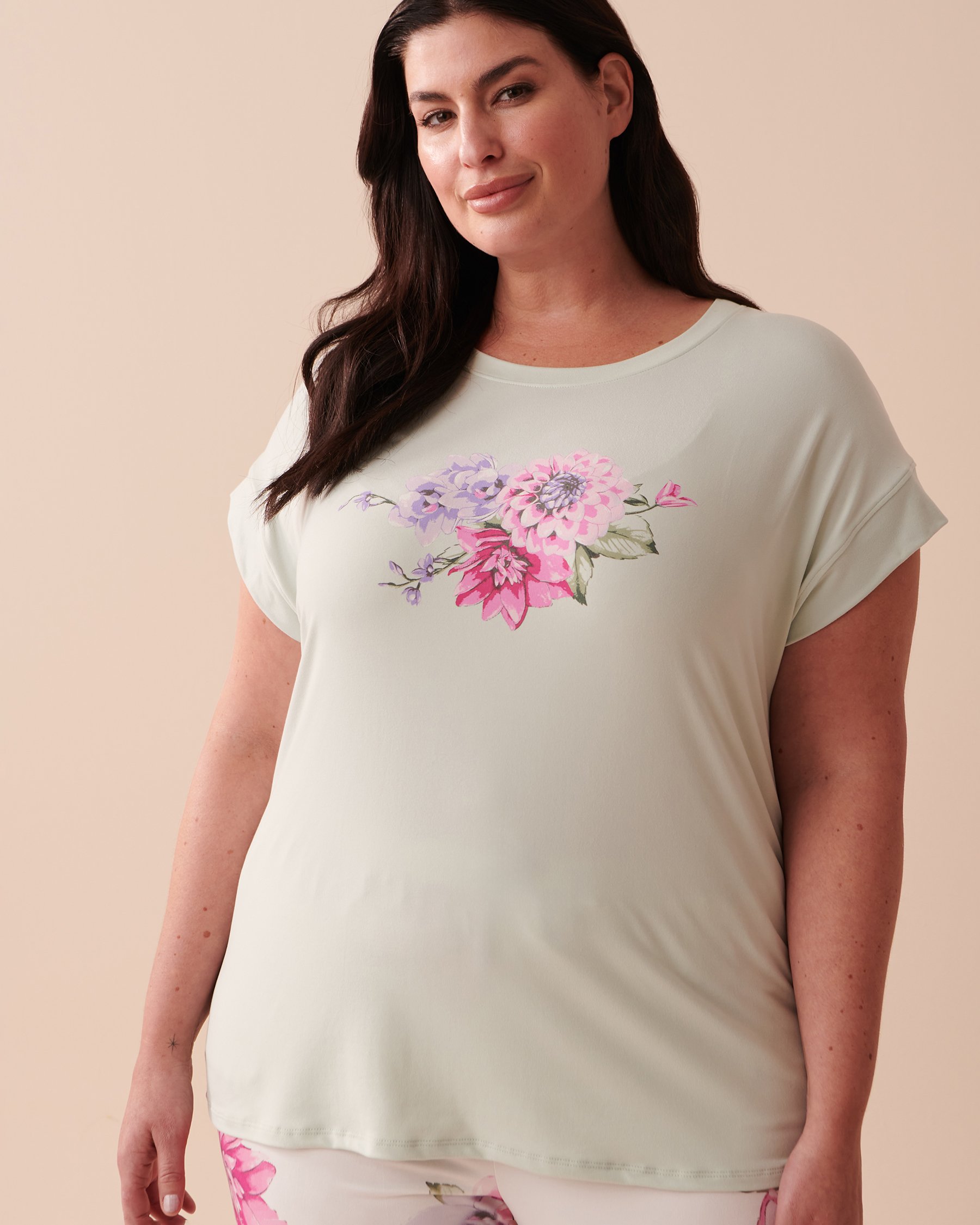 LA VIE EN ROSE T-shirt col rond ultra doux à fleurs Menthe glacée 40100539 - Voir4