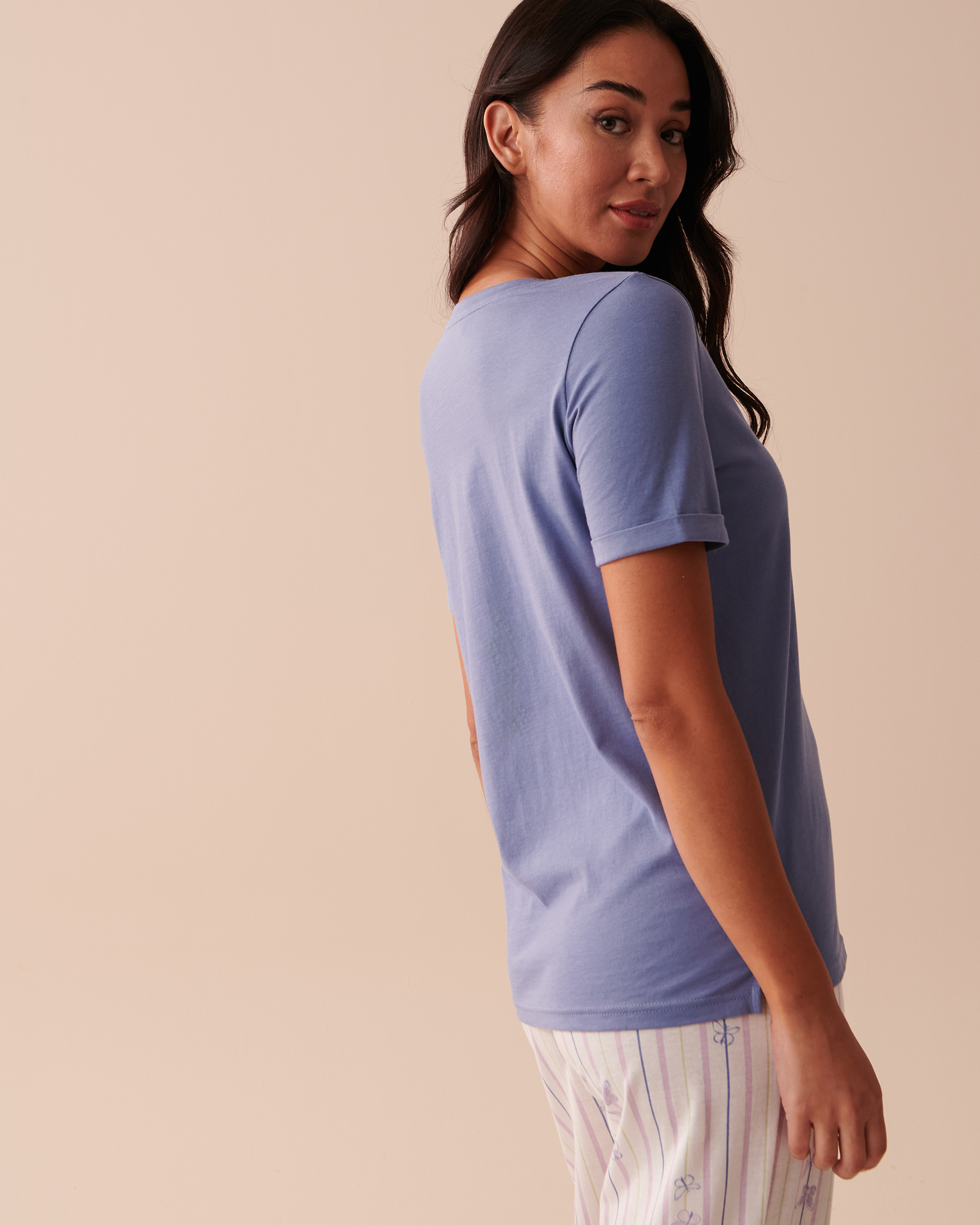 LA VIE EN ROSE T-shirt col en V en coton Bleu délicat 40100541 - Voir3