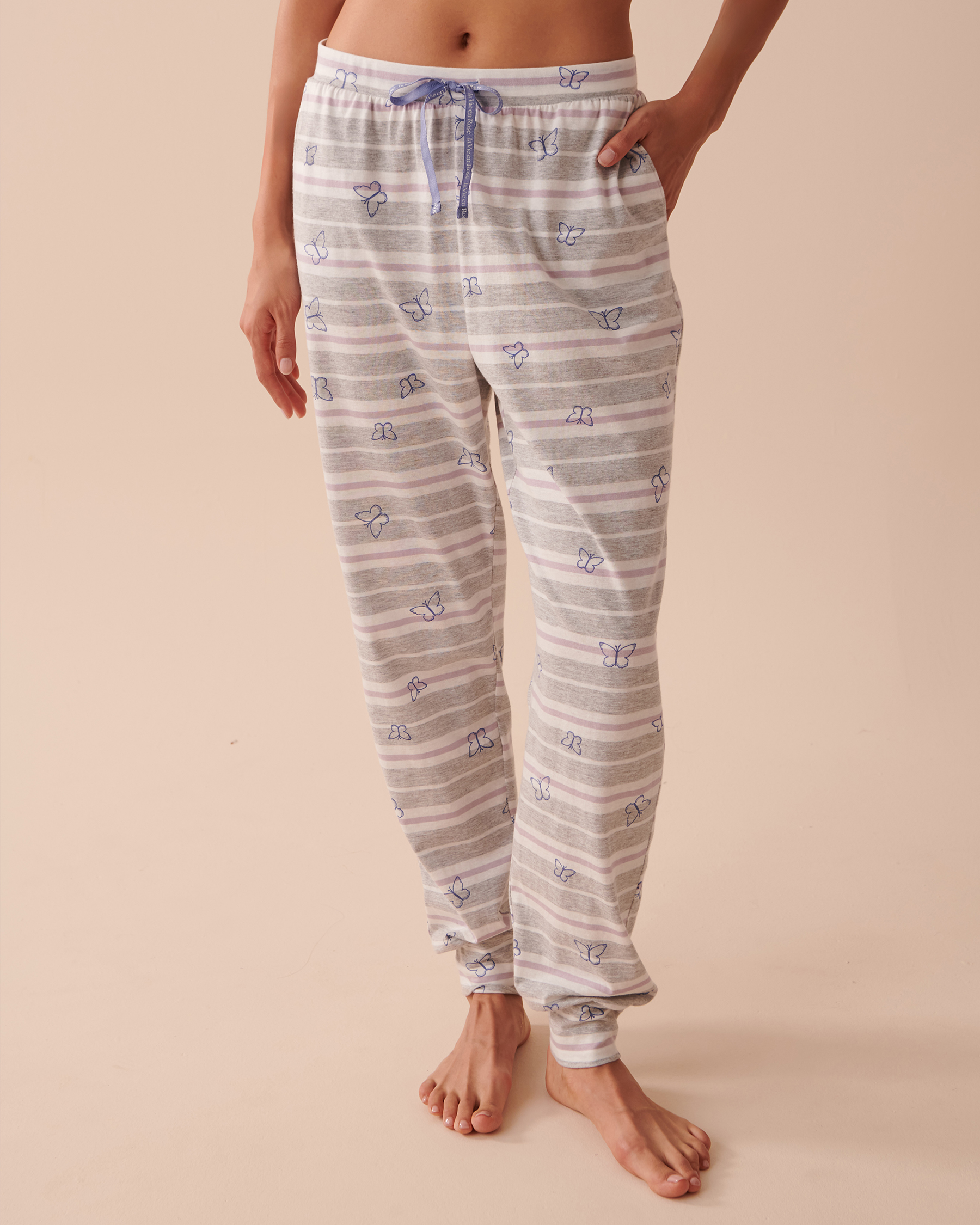 LA VIE EN ROSE Pantalon de pyjama ajusté en coton Rayures et papillons 40200534 - Voir1