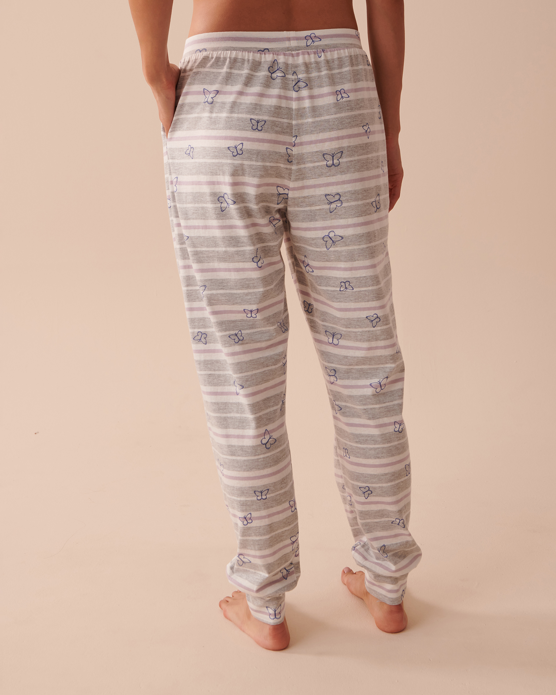 LA VIE EN ROSE Pantalon de pyjama ajusté en coton Rayures et papillons 40200534 - Voir2