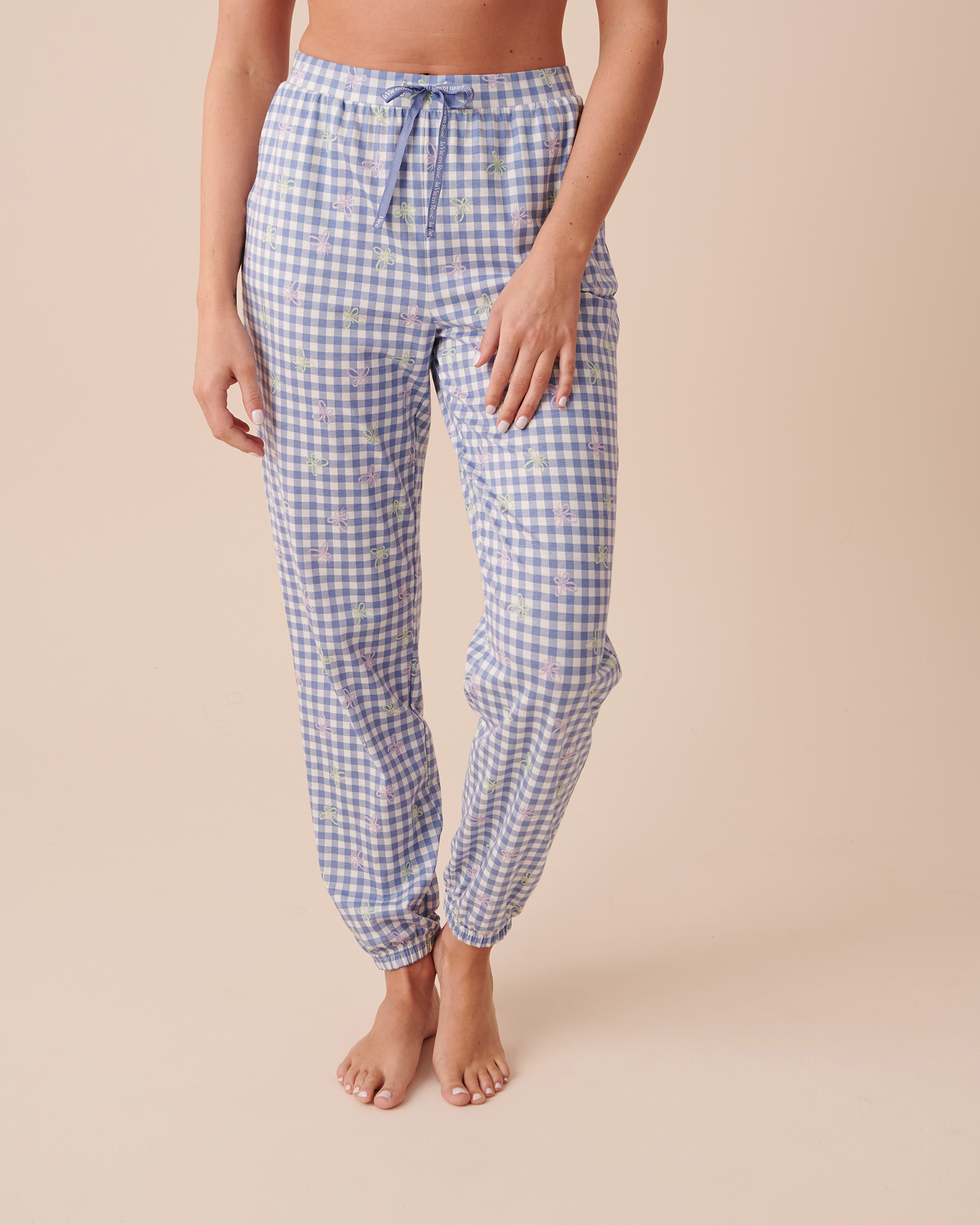 LA VIE EN ROSE Cotton Jogger Pajama Pants Vichy Print and Butterflies 40200535 - View1