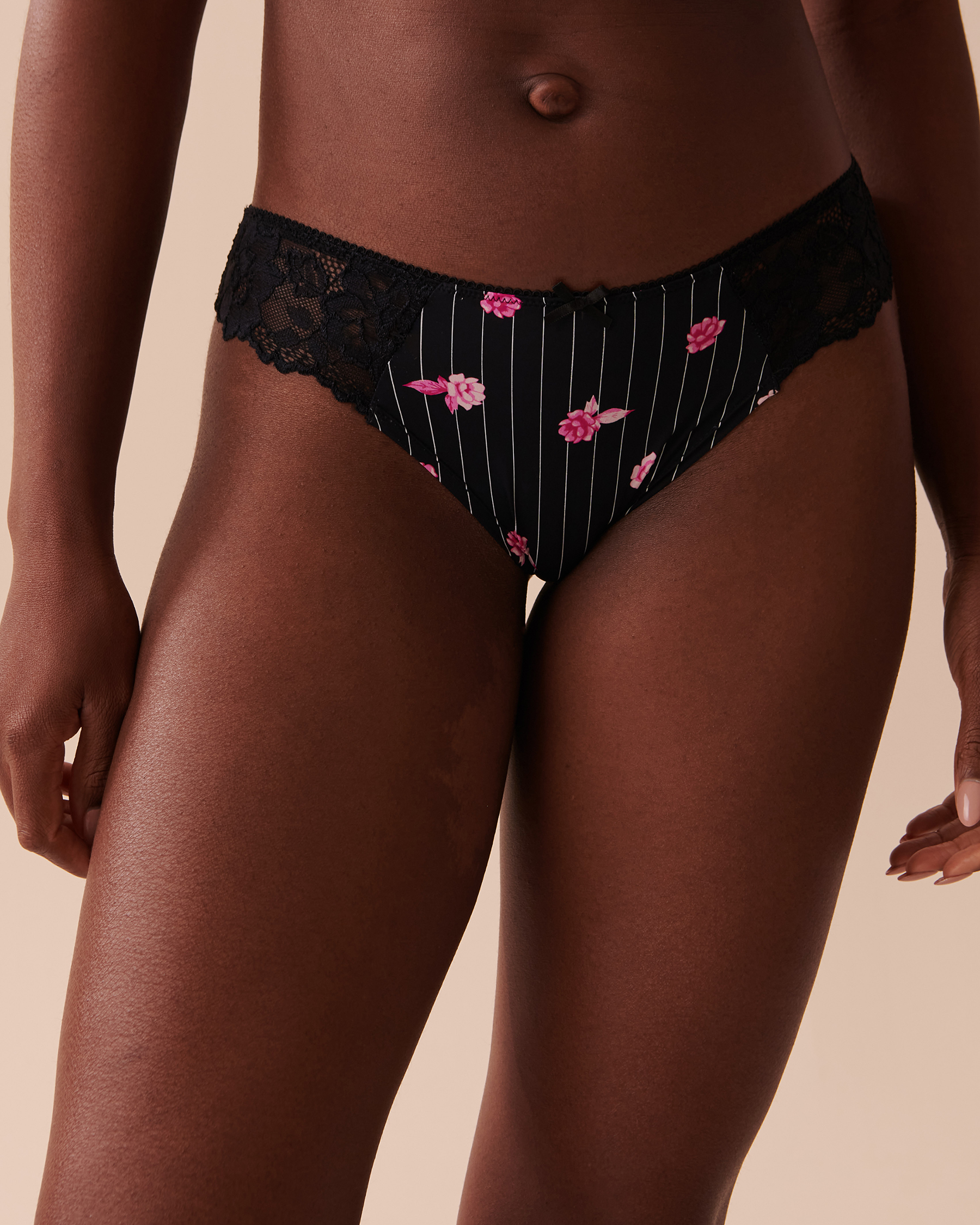 LA VIE EN ROSE Microfiber and Lace Bikini Panty Black Striped Roses 20200446 - View1