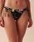 LA VIE EN ROSE AQUA TROPICAL Side Tie Brazilian Bikini Bottom Black Tropical Blooms 70300515 - View1