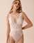 LA VIE EN ROSE Lace and Mesh Plunge Thong Teddy White 60300079 - View1