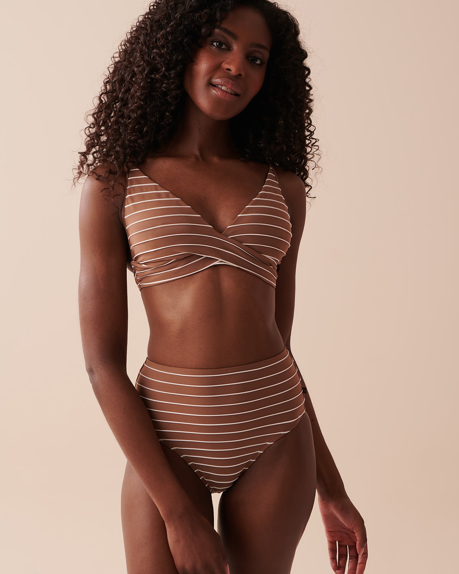 LA VIE EN ROSE AQUA TEXTURED STRIPES Twisted Triangle Bikini Top Brown Coconut 70100583 - View3