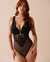 LA VIE EN ROSE Embroidered Lace and Mesh Plunge Teddy Black 60300082 - View1